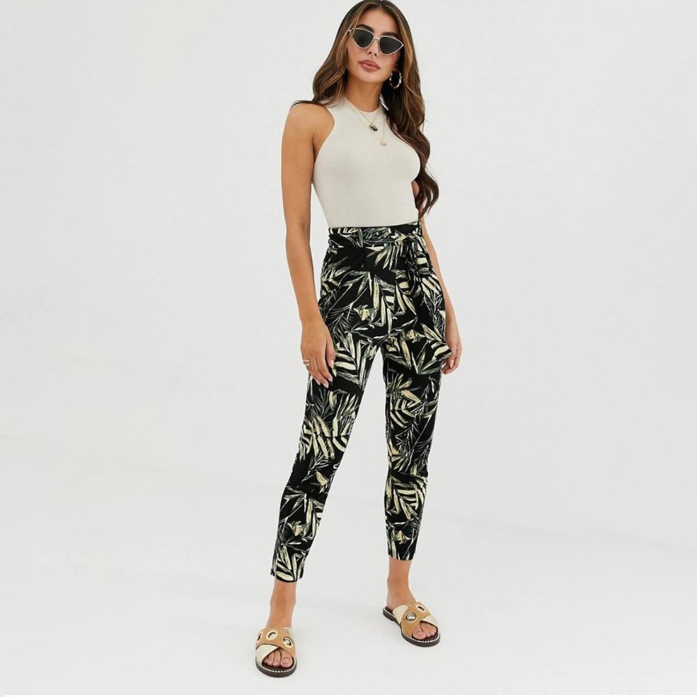 ASOS Tie Waist Peg Pants in Tropical Palm Print